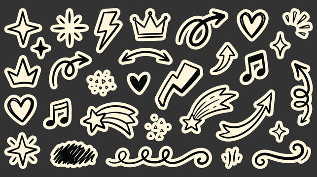 Scrapbook collage sticker element set. Hand drawn paper cut collage with crayon doodle line brush texture. Cute planner craft template design with heart circle arrow star label frame. Vector