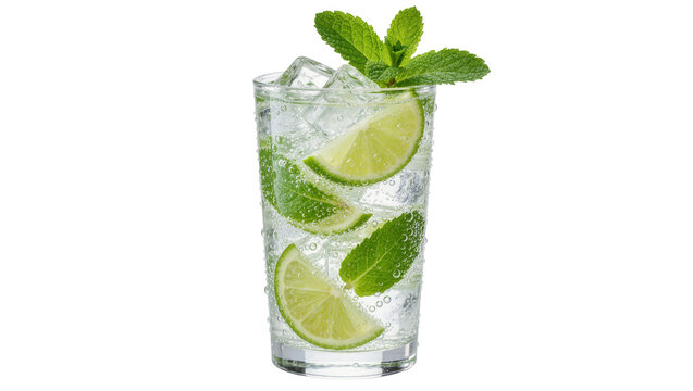 Tall glass of sparkling water with ice lime slices and mint leaves, isolated on transparent background