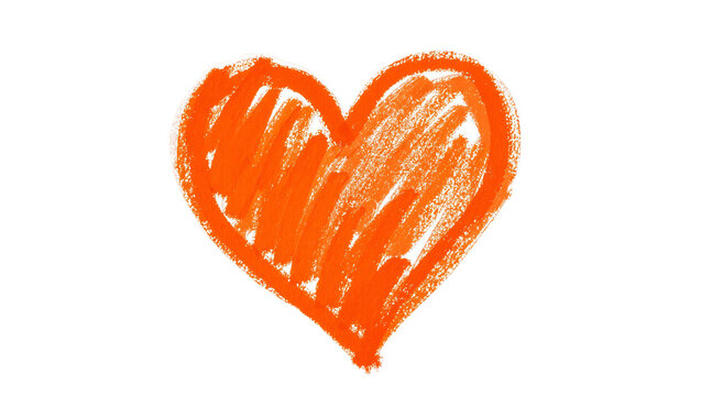 Hand drawn orange heart shape with crayon texture, isolated on transparent background