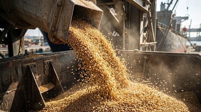 Wheat pouring from cargo ship into storage container at port, with industrial machinery and shipping vessels visible in the background. Concept of food crisis and global supply chain disruption