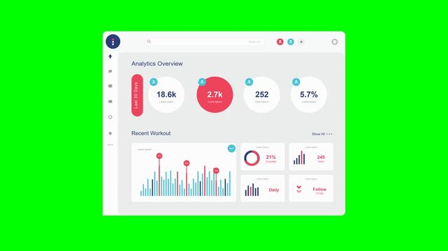 Flat vector analytics dashboard UI like the reference on solid chroma green background with ALL shadows removed from every part: white rounded panel with top bar, navy logo circle inside away from edg