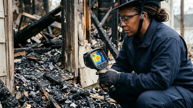 Fire investigator using thermal camera to inspect heat spots in burnt building debris.