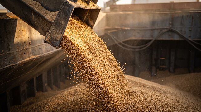 Wheat flowing into cargo hold from a large container, showcasing grains spilling into storage area with industrial setting. Concept of food crisis and global supply chain disruption
