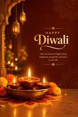 Obraz premium Festive Concept with Diwali Lamps and Marigold Flowers – Festival of Lights, Celebration, Hinduism, Religion, Culture, Tradition, Spirituality, Prosperity 
