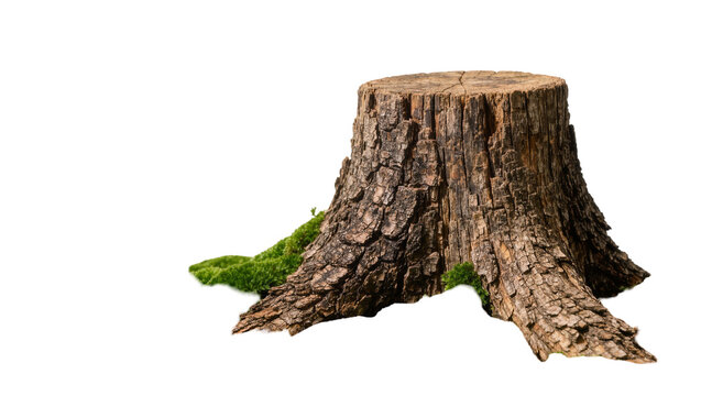 Rough bark tree stump with green moss, isolated on transparent background