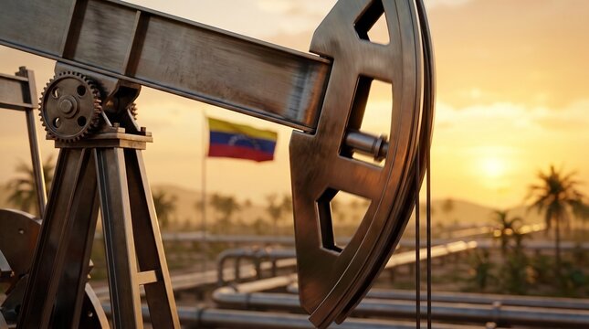 Pumpjack mechanism in oil field with Venezuelan flag and sunset, showcasing industrial equipment and surrounding landscape. Concept of crude oil geopolitics, resource dependence