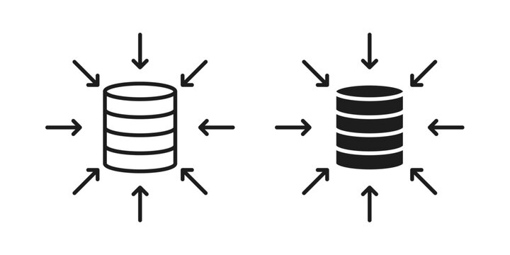 A clean and modern database compression symbol set featuring cylindrical data storage with inward arrows in outline and solid filled variations. Perfect for data management, storage, compression