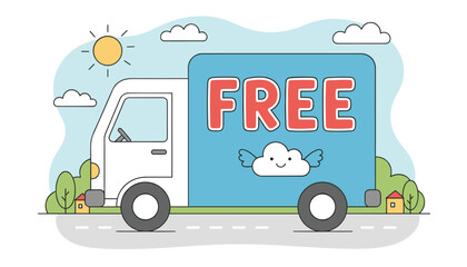 Fototapeta premium Blue delivery truck with the word free painted on the side driving along a country road under sun and clouds.