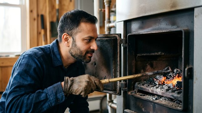 Man maintaining wood chip biomass boiler furnace for home heating and energy efficiency