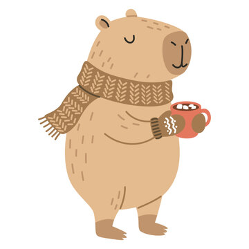 Cute flat vector illustration of an adorable capybara wearing a cozy knitted scarf and holding a warm mug of hot chocolate. Winter character for childrens designs, stickers and clipart. Vector