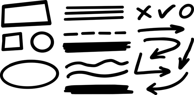 Hand drawn black doodle elements with arrows, lines, circles, frames and check marks isolated on transparent, ideal for notes, annotations and graphic design