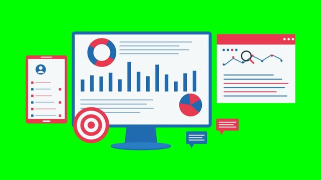 Flat vector analytics multi-device scene like the reference on solid chroma green background with ALL shadows removed from every element: blue desktop monitor kept STATIC with its stand neck and base