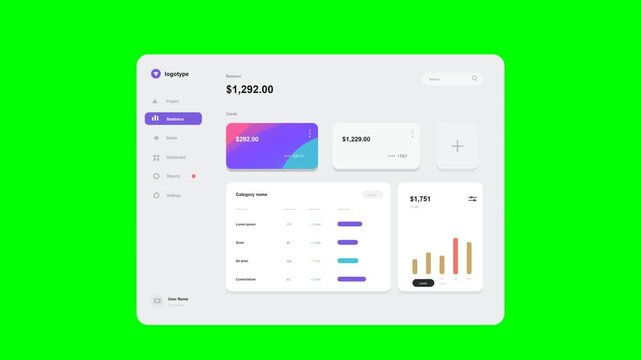 Flat vector dashboard UI faithfully matching the reference on solid chroma green background: light rounded panel with NO shadow underneath it; sidebar with violet logotype, violet active Statistics pi