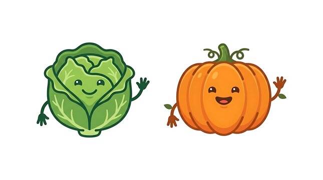 Smiling cabbage and pumpkin mascot characters.