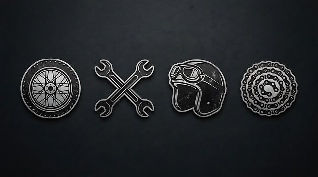 Vintage motorcycle culture patches on dark background.