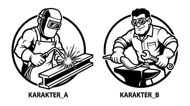 Welder and blacksmith character mascot logos.