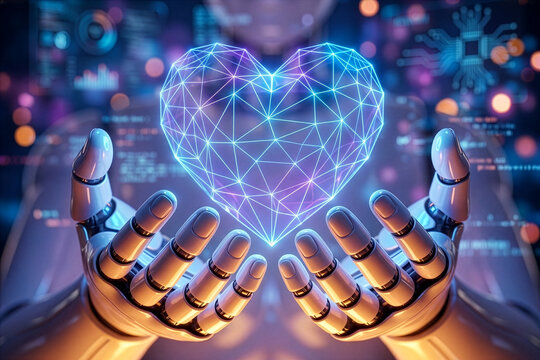 Futuristic humanoid robot hands holding a glowing digital hologram of a wireframe heart signifying technology empathy and artificial intelligence care
