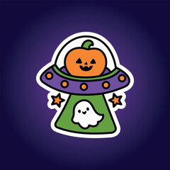 Fototapeta premium Playful purple flying saucer carrying a smiling orange jack-o'-lantern and a tiny white ghost, combining Halloween characters with a whimsical outer space theme.
