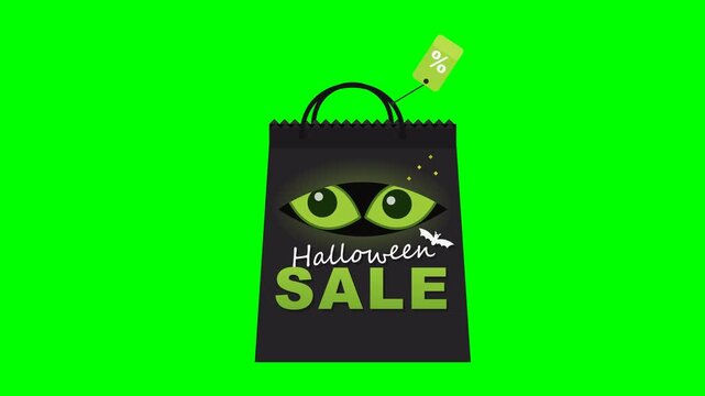 Flat vector Halloween sale scene like the reference on solid chroma green background: black paper shopping bag with zigzag front top edge and zigzag back rim now ending cleanly with NO extra triangle