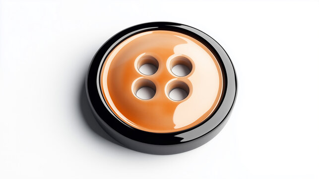 A glossy black button with an orange plastic center, featuring four holes on a white background, in an isometric view 
