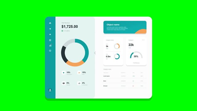 Flat vector revenue dashboard UI with teal and sandy orange palette on solid chroma green background: white rounded panel with soft shadow, teal sidebar with light icons and avatar, mint column with T