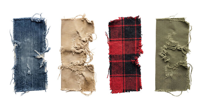 Collection of four torn fabric swatches with frayed edges and different textures