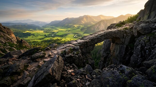 Natural stone arch bridge spanning over a deep mountain canyon with vibrant green valley meadows illuminated by soft golden sunlight