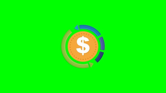Flat vector money cycle icon matching the reference on solid chroma green background: flat orange coin with darker orange dashed tick ring and white dollar sign with soft orange offset shadow, no spin
