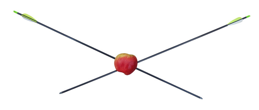  two crossed arrows , aimed at a red apple at their center  isolated  on transparent background