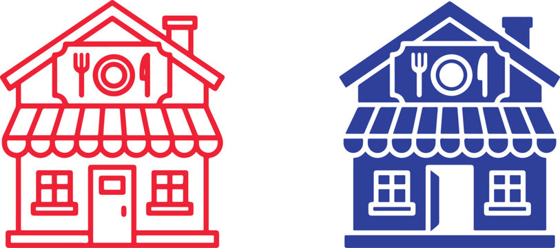 Restaurant building icon set in outline and solid styles with cafe sign diner icon food establish