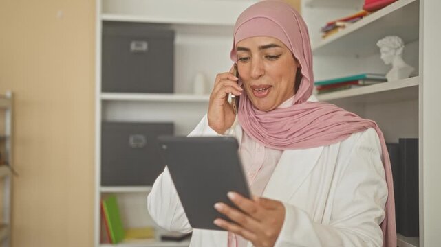 Woman in pink hijab and white jacket holding tablet and phone to ear while smiling among shelves in a building; remote communication focused.