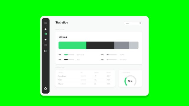 Flat vector statistics dashboard UI faithfully matching the reference on solid chroma green background: white rounded panel with soft shadow; dark charcoal sidebar pill with hamburger, triangle, green