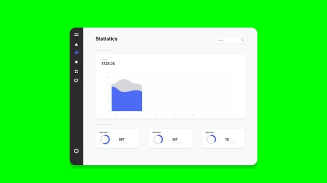 Flat vector statistics dashboard UI faithfully matching the reference on solid chroma green background: light rounded panel with soft shadow; full-height dark charcoal sidebar with hamburger, triangle