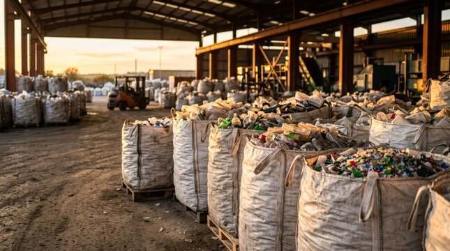 Rows of large industrial bags filled with various types of waste materials are arranged outside a warehouse facility where workers are engaged in hands sorting recycling wastem rubbish