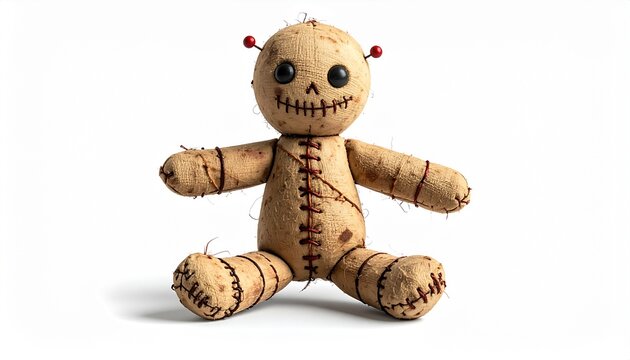 Handmade voodoo rag doll with stitched seams, red pinheads, creepy smile and primitive fabric texture isolated on white for Halloween and magic themes