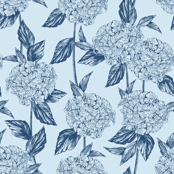 Vector hydrangea flowers pattern. Colorful seamless Toile de jouy pattern. Perfect for greetings, invitations, manufacture wrapping paper, textile and web design. Vector Toile de jouy pattern.