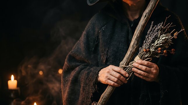Mysterious witch holding a weathered wooden staff and a bundle of dried magical herbs inside a dark candlelit stone chamber