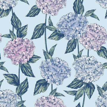 Vector hydrangea flowers pattern Colorful seamless watercolor pattern. Perfect for greetings, invitations, manufacture wrapping paper, textile and web design. 