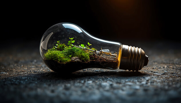 A tiny ecosystem with green moss and small plants growing inside a glass lightbulb lying horizontally on a dark surface.