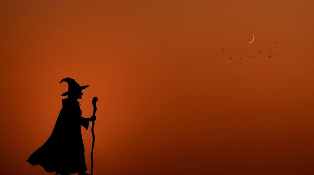 Mysterious witch silhouette standing with a staff under a crescent moon in a dark orange sky during the spooky night