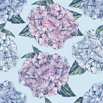 Vector hydrangea flowers pattern Colorful seamless watercolor pattern. Perfect for greetings, invitations, manufacture wrapping paper, textile and web design. 