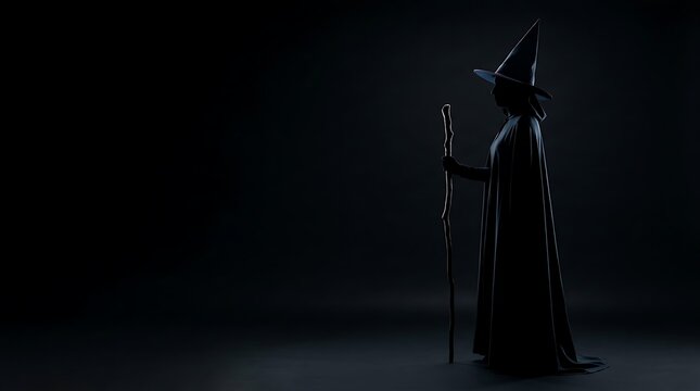Mysterious witch silhouette wearing a traditional pointed hat and flowing dark cloak holding a wooden staff against black studio background
