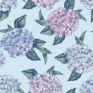 Vector hydrangea flowers pattern Colorful seamless watercolor pattern. Perfect for greetings, invitations, manufacture wrapping paper, textile and web design. 