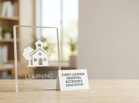 Transparent acrylic plaque with schoolhouse icon and 'Learning Inclusion' text on a wooden surface beside a card stating every learner deserves accessible education.