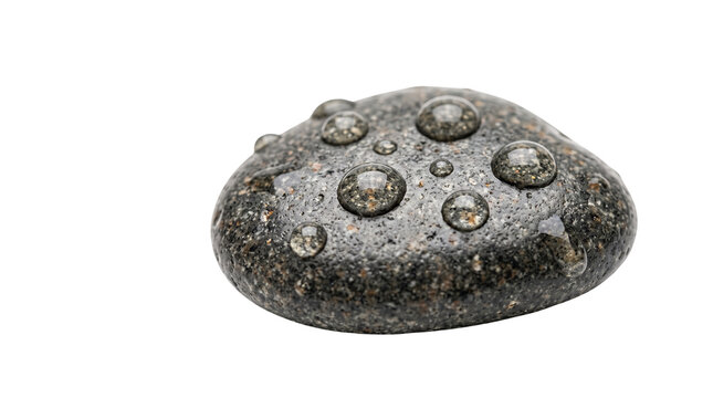 Smooth black pebble with clear water drops, wet river stone on white background, zen basalt rock for spa and wellness