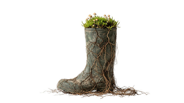 Rustic garden boot planter with green plants and roots. Weathered rubber wellington boot used as flower pot. Creative gardening concept on white background.