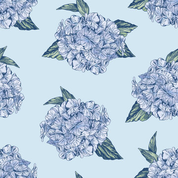 Vector hydrangea flowers pattern Colorful seamless watercolor pattern. Perfect for greetings, invitations, manufacture wrapping paper, textile and web design. 
