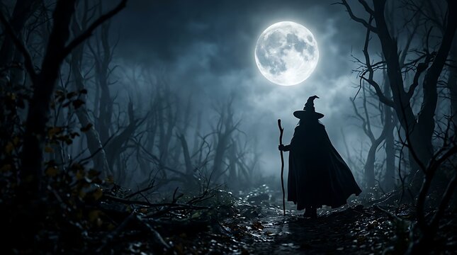 Mysterious hooded witch holding a wooden staff stands alone on a dark forest path under the glowing full moon light