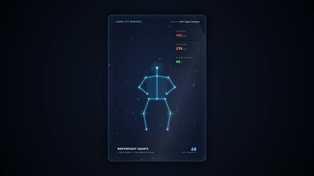 Ultra-HD 4K futuristic motion graphic displaying an interactive Smart Mirror Fitness Workout dashboard. Features realistic dynamic reflection effects, live biometrics tracking, animated pose detection