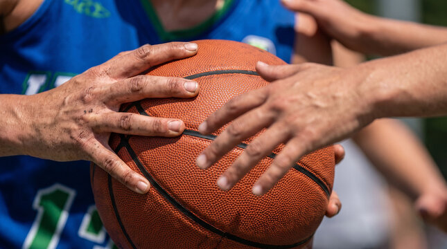 Basketball game play closeup action outdoor court